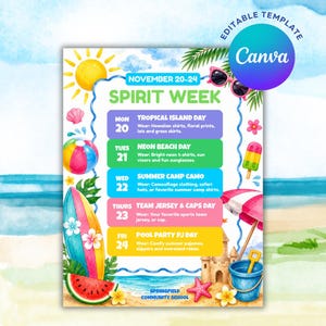 Può includere: Un modello di volantino per la Spirit Week dal 20 al 24 novembre con tema spiaggia, che include sole, tavola da surf, anguria, castello di sabbia e secchiello. Il programma elenca i giorni a tema per Tropical Island, Neon Beach, Summer Camp e altri.