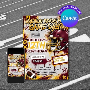 Op de afbeelding: Een verjaardagsuitnodigingssjabloon met een American football-thema, voorzien van een kastanjebruine helm, een football en graffiti-stijl tekst met Are You Ready For Game Day? Archer's 12th Birthday, inclusief de evenementgegevens.
