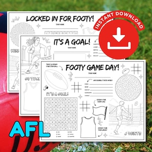 Può includere: Un set di fogli di attività stampabili in bianco e nero a tema football australiano. Le pagine includono ricerche di parole, labirinti, giochi di parole e spazi per disegnare una maglia, una bandiera e un pallone da squadra.