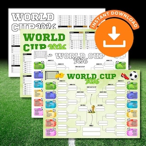 May include: A set of World Cup 2026 tournament bracket charts and group stage trackers. The documents feature soccer-themed graphics including a trophy, a soccer ball, a goal net, and a whistle. The text reads World Cup 2026, with various country names listed in color-coded groups and blank spaces for recording match scores.