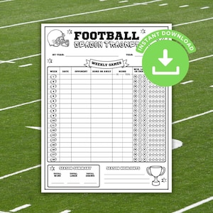 May include: A black and white printable football season tracker sheet featuring a helmet icon, a weekly games table with columns for date, opponent, home or away, score, and win-loss-draw circles, plus a season summary and highlights section.