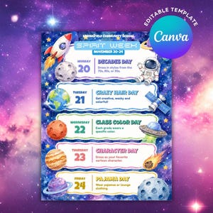 Può includere: Un colorato volantino della settimana dello spirito scolastico a tema spaziale. Include un razzo, pianeti, un astronauta e un UFO. Il volantino elenca i temi giornalieri come il Decades Day, il Crazy Hair Day e il Pajama Day, dal 20 al 24 novembre.