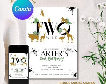 Two Wild 2nd Birthday Invitation Template, Safari Jungle Animals Second Birthday Invite, Reptile Party Invite, (Editable Canva Template)