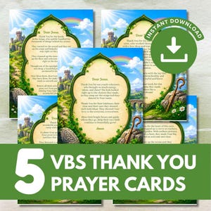May include: Five VBS thank you prayer cards featuring a decorative frame with green vines, a stone castle, a rainbow, and a shepherd's crook. The cards include printed text addressed to Jesus, expressing gratitude for volunteers, with an instant download icon.