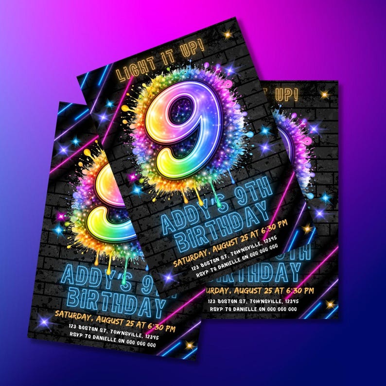 Neon 9th Birthday Invitation, Glow Party Invite (editable Digital ...