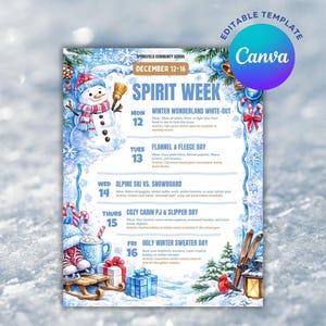 May include: A flyer for Springfield Community School Spirit Week from December 12-16. The design features a snowman, gifts, skis, and a lantern. It lists daily themes including Winter Wonderland White-Out, Flannel & Fleece Day, Alpine Ski vs. Snowboard, Cozy Cabin PJ & Slipper Day, and Ugly Winter Sweater Day.