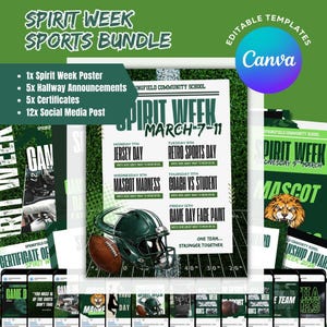 May include: A digital template bundle for a school's Spirit Week sports events. Includes a poster, announcements, certificates, and social media posts. Features a football helmet, football, and the Canva logo. The text reads "Spirit Week Sports Bundle".