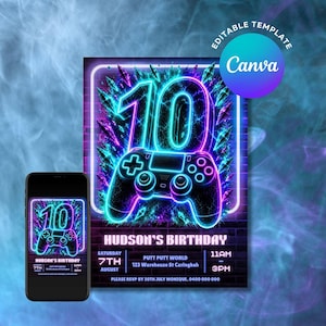 以下が含まれることがあります： ゲームをテーマにしたネオン風の誕生日招待状。鮮やかな青と紫の色合いで、大きな数字の10とゲームコントローラーがデザインされています。「Hudson's Birthday」のテキストとともに、ハドソンの誕生日の詳細が記載されています。