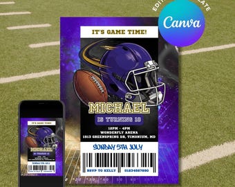 Lila Football Helm-Geburtstagseinladung, Gridiron Ticket Party einladen (bearbeitbare digitale Vorlage)