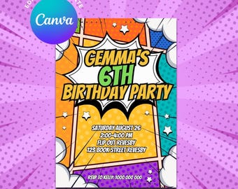 Invitación de cumpleaños con temática de cómics de superhéroes, invitación de superhéroes y villanos (plantilla digital editable)