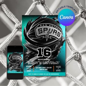 May include: A teal and black San Antonio Spurs themed birthday party invitation with a basketball graphic and the number 16. The invitation includes the text "Join us to celebrate Casey's Birthday". A smartphone displays the same design.