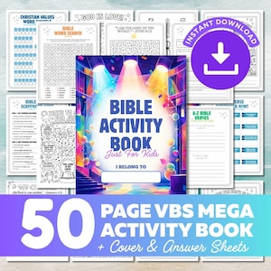 May include: A 50-page Bible activity book for children featuring a colourful cover with stage lights and confetti. The collection includes various printable activity sheets such as word searches, mazes, scavenger hunts, and verse writing pages with a blank space for a name.