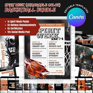 May include: A basketball-themed bundle with editable templates for Spirit Week. Includes a poster, hallway announcements, certificates, and social media posts. The design features a basketball with flames and the text "Spirit Week".