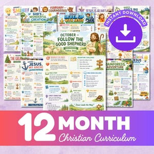 May include: A collection of twelve monthly Christian curriculum sheets featuring colourful illustrations, Bible stories, and adventure challenges. Each page includes themes like Follow the Good Shepherd, Jesus is Alive, and Rainforest Adventure with text.