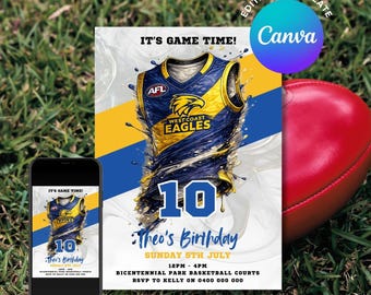 Può includere: Un invito di compleanno con un design della maglia dei West Coast Eagles, con il testo "IT'S GAME TIME!" e "Theo's Birthday". Il design include il numero 10 e un pallone da calcio rosso. Su uno sfondo di erba verde.