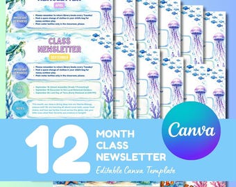 Plantilla editable para boletín informativo mensual de clase, 12 Boletín informativo para el aula con temática marina, Boletín informativo para profesores con temática oceánica (Plantilla editable de Canva)