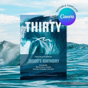 CANVA TEMPLATE: Editable Surf Birthday Invitation, Ocean Wave (5x7 inch)