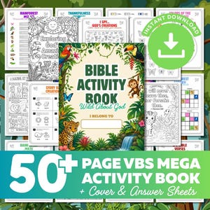 May include: A 50-page Bible activity book featuring a jungle-themed cover with a leopard, parrot, toucan, and monkey. The cover displays the text Bible Activity Book Wild About God and I Belong To. Includes various colouring and puzzle pages.
