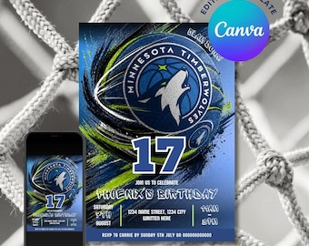 Può includere: Un modello di invito digitale con il logo dei Minnesota Timberwolves, un pallone da basket e il numero 17. L'invito è per il compleanno di Phoenix, con i dettagli dell'evento tra cui data, ora e luogo. Uno smartphone mostra lo stesso design.