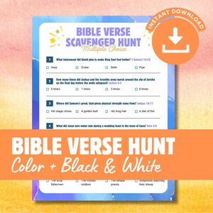 Bible Trivia Multiple Choice Scavenger Hunt Printable, Sunday School Scripture Quiz Activity Sheet, Kids Youth Group Game Worksheets PDF
