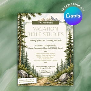 Op de afbeelding: Een flyer-sjabloon voor vakantiebijbelstudies met een aquarel boslandschap met hoge dennenbomen, bergen en rotsen. De tekst bevat evenementdata, tijden, locatie, activiteiten, leeftijdsgroep en een website voor registratie.