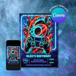 May include: A digital birthday invitation template featuring a large neon number 6 and a video game controller against a dark brick wall. The text reads Alex's Birthday, Saturday 7th August, Putt Putt World, 123 Warehouse St Caringbah, 11AM-3PM.