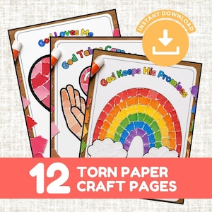 May include: A set of 12 torn paper craft pages featuring colorful designs including a rainbow, hands, and hearts. Each page displays text such as God Loves Me, God Takes Care, and God Keeps His Promises, with glue sticks visible on the paper sheets.