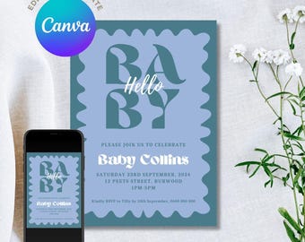 Editable Retro Baby Shower Invitation Canva, Groovy Baby Shower Invite Template, Wavy Border Invitation Printable, Hello Baby