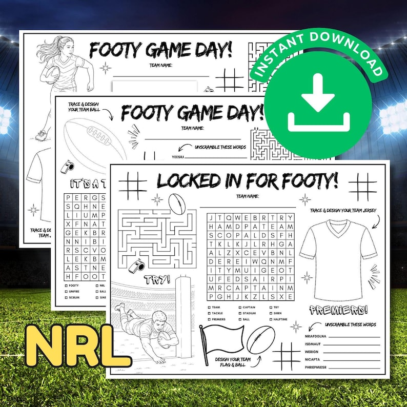 NRL Football Activity Pages Printable, Australian Football Game Day ...