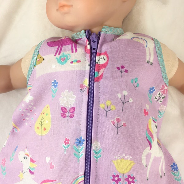 Unicorn sleeper, 15 inch baby doll, baby doll sleeper,  sleeveless sleeper sack, made to fit like Bitty Baby clothes, baby doll pajamas