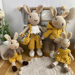 Family cuddly toy doll rabbit child toy baby clothes handmade crochet. Lapinou family.