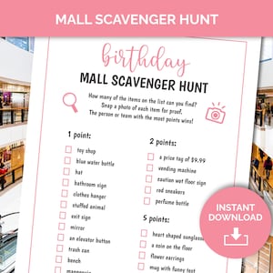 Mall scavenger hunt birthday party game for her, girls night game, teen birthday party treasure hunt, slumber party game, sleepover game
