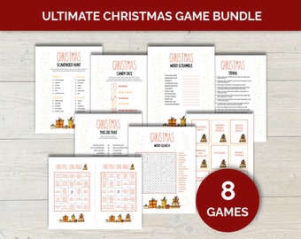 May include: A set of eight printable Christmas games, including scavenger hunt, candy dice, word scramble, trivia, this or that, word search, and Christmas song bingo. The games are illustrated with festive images of presents and snowflakes.