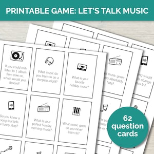 Juego de tema musical imprimible con 62 tarjetas de preguntas sobre la música que amas, regalo para amantes de la música, regalo para profesores de música, tarjetas para iniciar conversación