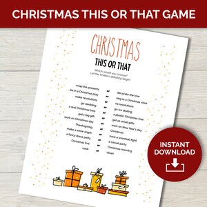 Christmas printable this or that game, winter this or that game for family game night, would you rather game, printable ice breaker game