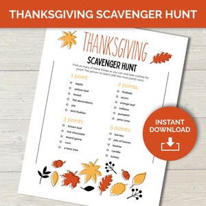 Thanksgiving scavenger hunt printable game, Thanksgiving family game, scavenger hunt for adults, treasure hunt fall game for kids and adults