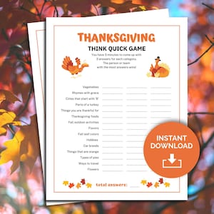 Thanksgiving think quick game, play as a family Thanksgiving game, fun Friendsgiving game, family reunion game or office party winter game