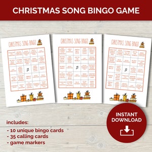 Kerstlied bingo afdrukbaar spel, kerstmuziek bingokaarten voor familiespelavond, leuk kerstfamiliereüniespel, kerstspel