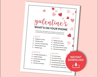 Galentine whats on your phone game, Valentine phone scavenger hunt, Valentine girls night games, Galentines day party, games for teen girls