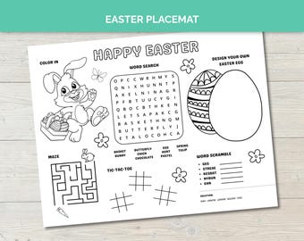 Tovaglietta di Pasqua, pagina da colorare di Pasqua stampabile, pagina di attività pasquali per bambini con puzzle, giochi divertenti e coniglietto pasquale da colorare, giorno di Pasqua
