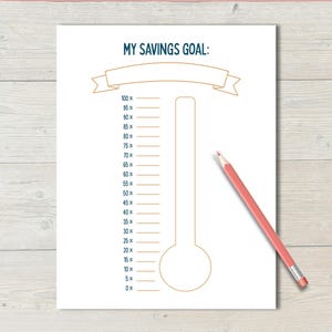 Savings tracker, savings thermometer, save money budget tracker, savings goal tracker, kids money challenge, money saving challenge planner