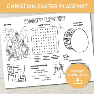 Christian Easter placemat, Easter activity mat bible, printable coloring placemat for kids with puzzles and Easter story coloring