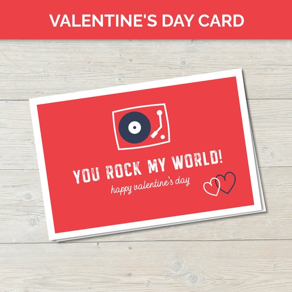 Printable valentine’s day card you rock my world, galentines day music lover gift, last minute husband valentine you rock card for boyfriend