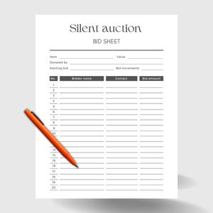 Silent auction bid sheet, printable bidder form, silent bidding sheet, auction bid sheets, fundraiser form, charity event form
