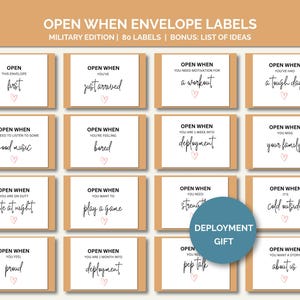 May include: Set of "Open When" envelope labels, military edition, with 80 labels and a bonus list of ideas. Each label features a prompt like "Open When You're Feeling Bored" or "Open When You Need Motivation for a Workout."