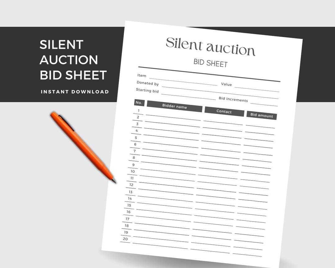 Silent Auction Bid Sheet, Printable Bidder Form, Silent Bidding Sheet ...