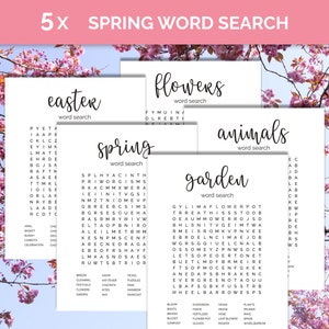 set of 5 spring themed word search puzzles, printable game bundle, Easter word games, printable puzzles with answer keys, classroom activity