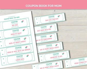 coupon book for mom, mother’s day gift daughter son, meaningful gift from kids for mom’s birthday, coupons printable, blank coupon book
