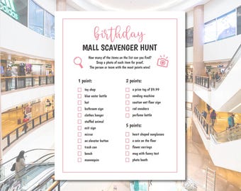 Mall scavenger hunt birthday party game for her, girls night game, teen birthday party treasure hunt, slumber party game, sleepover game