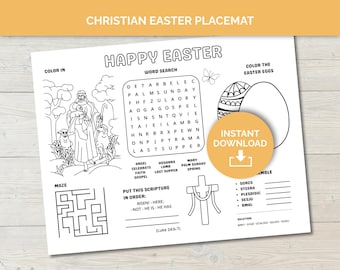 Christian Easter placemat, Easter activity mat bible, printable coloring placemat for kids with puzzles and Easter story coloring